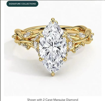 Custom 18K Solid Gold Lab-Grown Marquise Diamond 2 Carat E VVS2 Engagement Ring with Diamond Vine Design in 10K  YELLOW GOLD