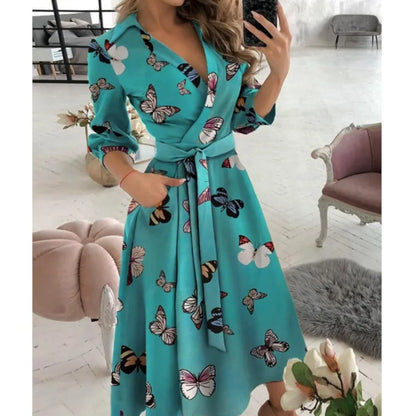 A-Line Wrap Summer Dress Long Sleeve V-Neck Dress Pocket Elegant Midi Party Dress