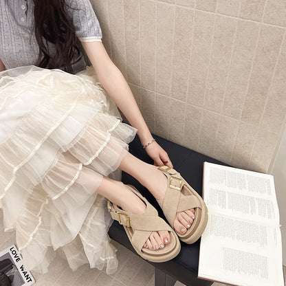 Genuine Leather Cross Strap Roman Sandals Casual Comfortable Women's Platform