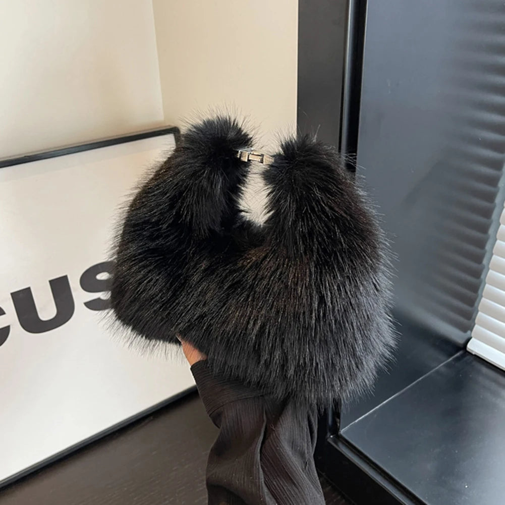 Women Faux Fur Shoulder Bag Adjustable Strap Fluffy Crossbody Bag Solid Color Clutch Purse Hobo Bag for Travel Party