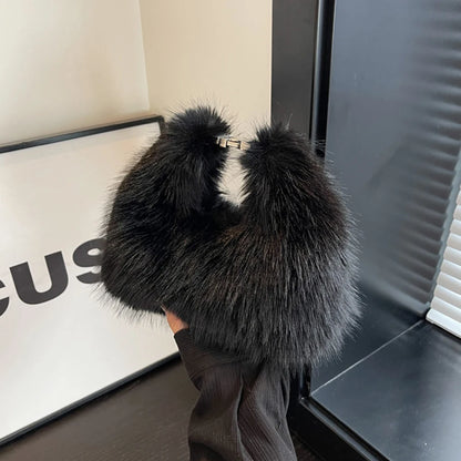 Women Faux Fur Shoulder Bag Adjustable Strap Fluffy Crossbody Bag Solid Color Clutch Purse Hobo Bag for Travel Party