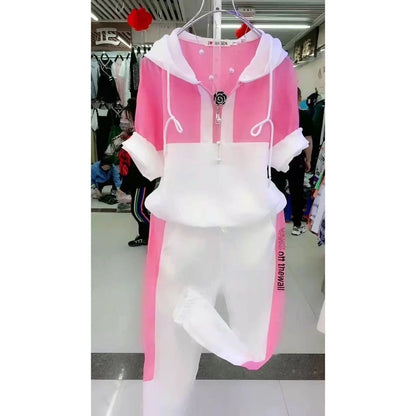 Women's Fashion Tracksuit Casual Suit Short Sleeve Hooded Top Pants Two Piece Set For Women