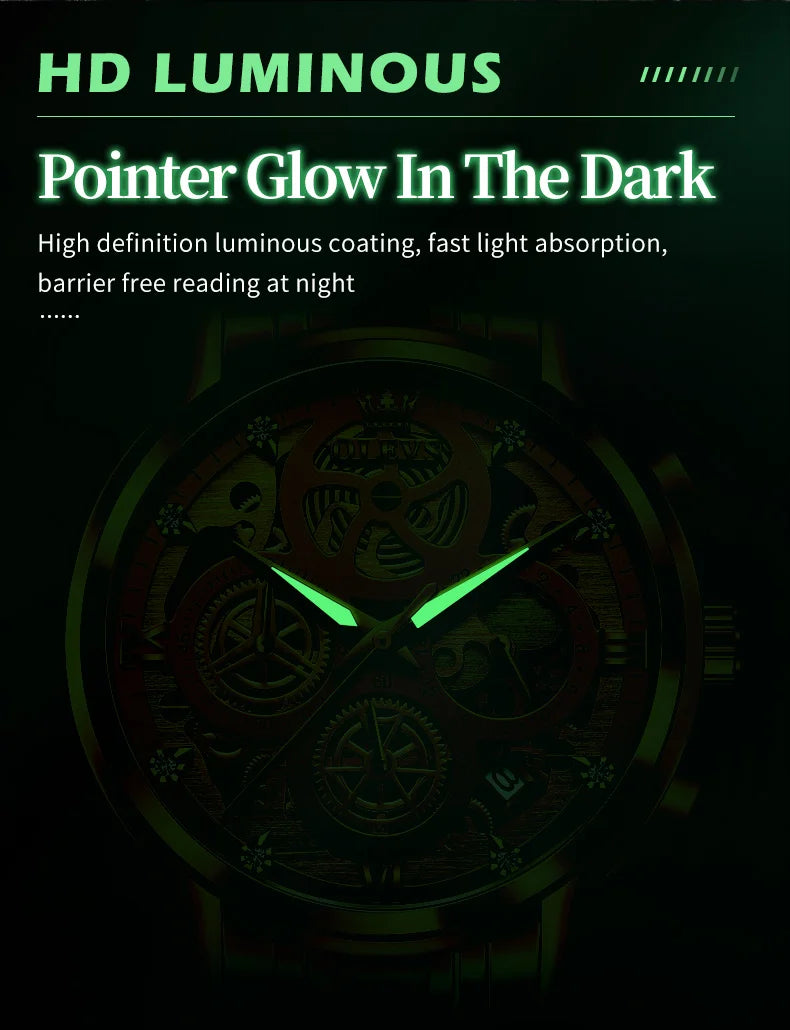 Top Brand Luxury Original Waterproof Quartz Watch for Man Gold Skeleton Style 24 Hour Day Night New