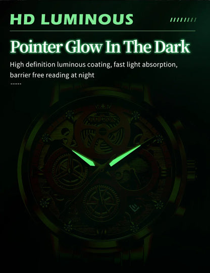 Top Brand Luxury Original Waterproof Quartz Watch for Man Gold Skeleton Style 24 Hour Day Night New