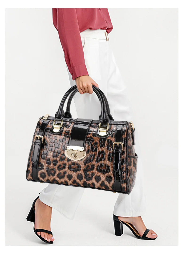 Leopard Handbag Leather Women's Bag Large Capacity Boston Bag Fashion Versatile Cowhide One Shoulder Crossbody Bag
