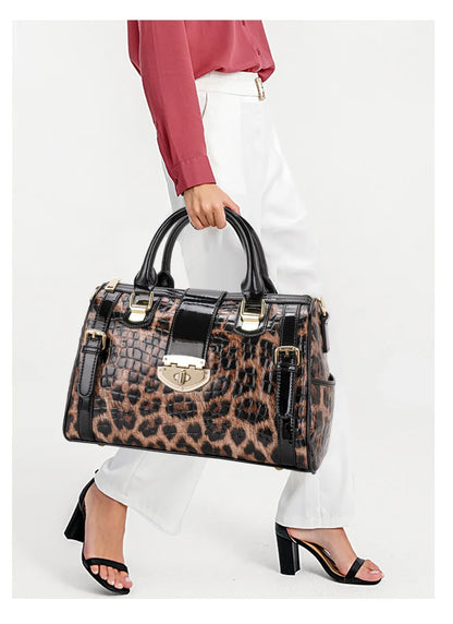 Leopard Handbag Leather Women's Bag Large Capacity Boston Bag Fashion Versatile Cowhide One Shoulder Crossbody Bag