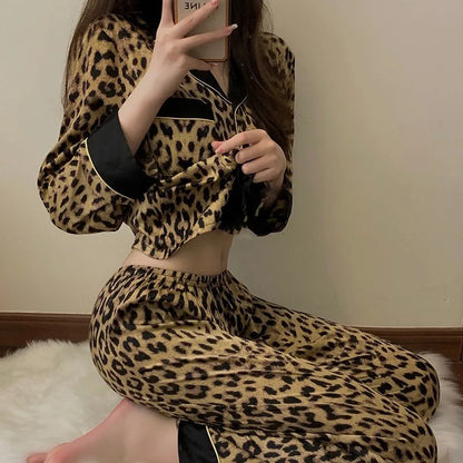 Pajamas Set Women's Fashion Leopard Print Long-Sleeved Sleepwear Loungewear