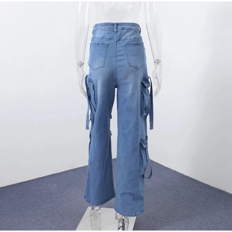 High Waist Cargo Denim Jeans With Full Rhinestones Sparkling Casual Baggy Pants Streetwear Chic Daily Trousers