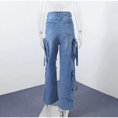 High Waist Cargo Denim Jeans With Full Rhinestones Sparkling Casual Baggy Pants Streetwear Chic Daily Trousers