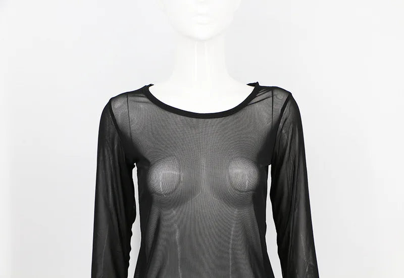 Black Mesh Transparent Slim T-shirts O-Neck Long Sleeve Super Stretch Mesh