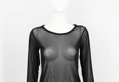 Black Mesh Transparent Slim T-shirts O-Neck Long Sleeve Super Stretch Mesh