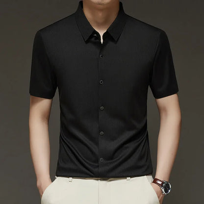 Men's Slim Fit Short Sleeve Dress Shirt Premium Spandex Stretch Fabric Solid Colors Business Casual