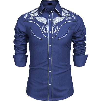 Men Casual Shirts Print Patchwork Single Breasted Western Cowboy Long Sleeve