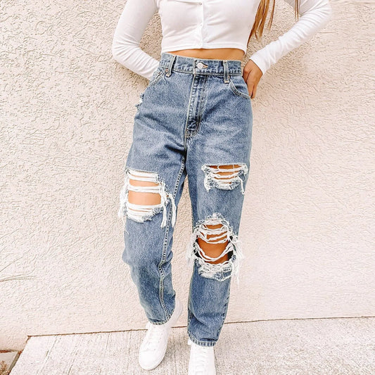 Denim Jeans Elastic Women Pocket High Baggy Waisted Ripped