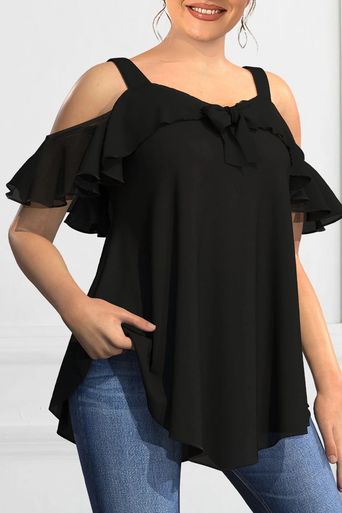 Elegant Cold Shoulder Shirt Ruffles Tops Tee Loose Fit Solid Color Top