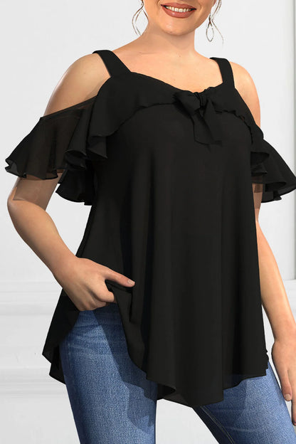 Elegant Cold Shoulder Shirt Ruffles Tops Tee Loose Fit Solid Color Top