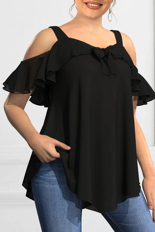 Elegant Cold Shoulder Shirt Ruffles Tops Tee Loose Fit Solid Color Top