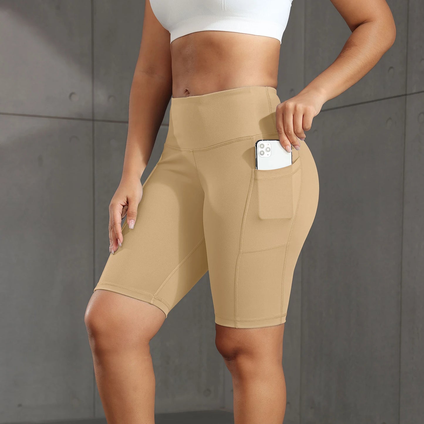 Solid Yoga Shorts with 3 Pockets High Waist Butt Lifting Elastic Cycling Shorts Activewear