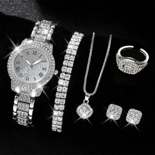 6PCS Women Watch Luxury Elegant Alloy Crystal Wristwatch