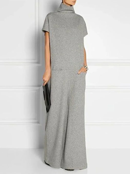 High Neck Casual Dress Short Sleeves Solid Color Loose Office Lady Maxi Dresses