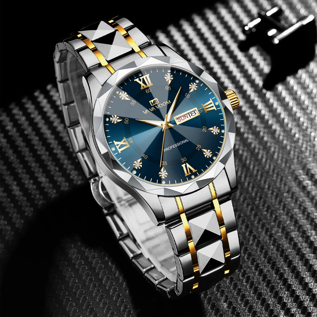 Men Watch Water Diamond Luxury Night Glow Double Calendar Quartz Movement 41mm Blue Gold Stainless Steel