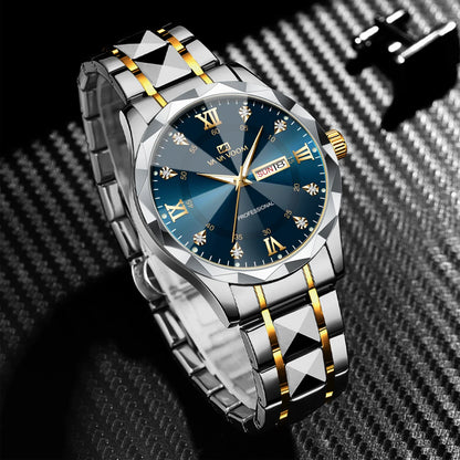 Men Watch Water Diamond Luxury Night Glow Double Calendar Quartz Movement 41mm Blue Gold Stainless Steel