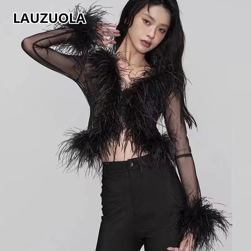Sexy See Through Mesh Patchwork Ostrich Feather Hem Shirt 2025 New Autumn Winter Fashion Long Sleeve Night Club Party Tops Y2K