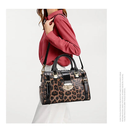 Leopard Handbag Leather Women's Bag Large Capacity Boston Bag Fashion Versatile Cowhide One Shoulder Crossbody Bag