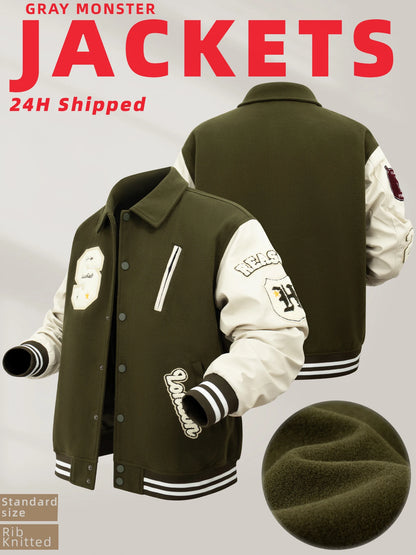 Mens Vintage Turn-down Collar Bomber Jacket Loose Letter Embroidery Coat Motorcycle Jacket