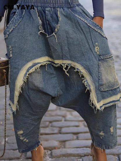 Women Streetwear Ripped Out Hole Denim Pants Loose Safari Style Cargo Harem
