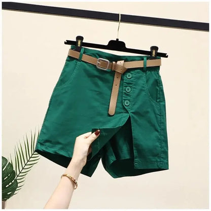 Cotton Shorts High Waist A- Line Skirt with Belt Pure Cotton Pants