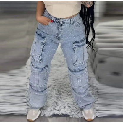 High Waist Cargo Denim Jeans With Full Rhinestones Sparkling Casual Baggy Pants Streetwear Chic Daily Trousers