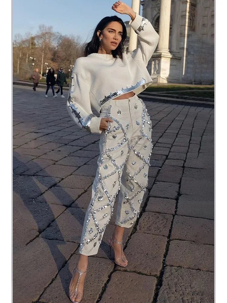 Sequin Decor Straight Leg Denim Jeans High Wait Elegant Casual Pockets Diamond Denim White / L White / XL White / XXL White / L-White / XL-White / XXL-White / XXXL-White / S-White / M-