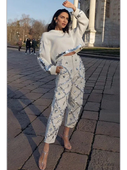 Sequin Decor Straight Leg Denim Jeans High Wait Elegant Casual Pockets Diamond Denim White / L White / XL White / XXL White / L-White / XL-White / XXL-White / XXXL-White / S-White / M-