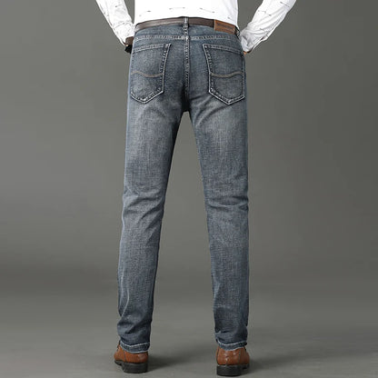 Men Classic Jeans Straight Regular Blue Stretch Denim Trousers Men's