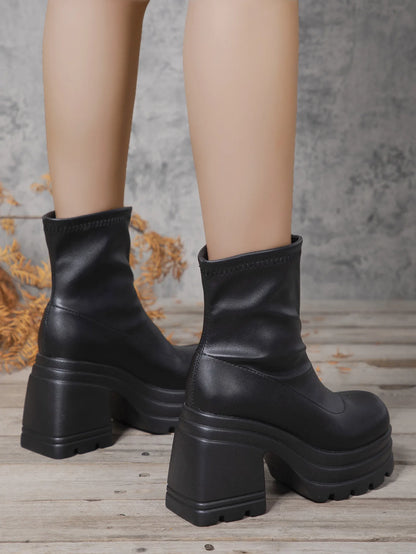 Short Boots Women Leather Boot Square toe casual Zipper high heels Casual thick soled