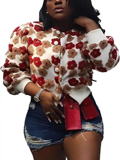 Wool Coats for Women Floral Puff Sleeve Embroidered Printing Short Fall Winter Jacket