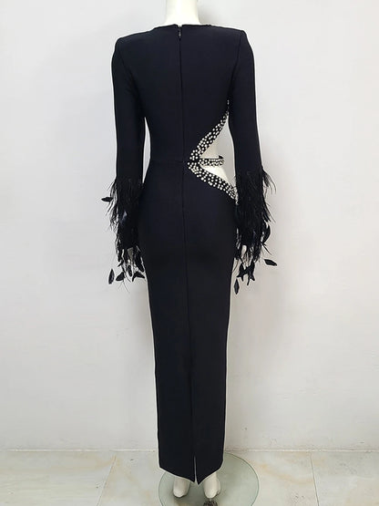 Feather hollow out Bandage Maxi Dress  Diamond Long Sleeve Bodycon Long Dress