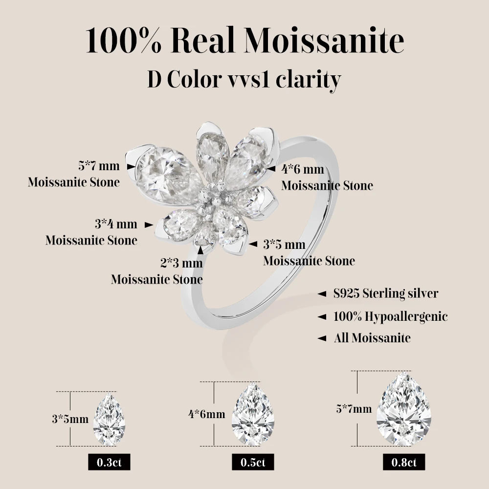 ATTAGEMS 925 Sterling Silver Luxury Women Ring Flowers DVVS1 Moissanite Pear-cut Classical Band Engagement Wedding Fine Jewelry