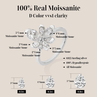ATTAGEMS 925 Sterling Silver Luxury Women Ring Flowers DVVS1 Moissanite Pear-cut Classical Band Engagement Wedding Fine Jewelry
