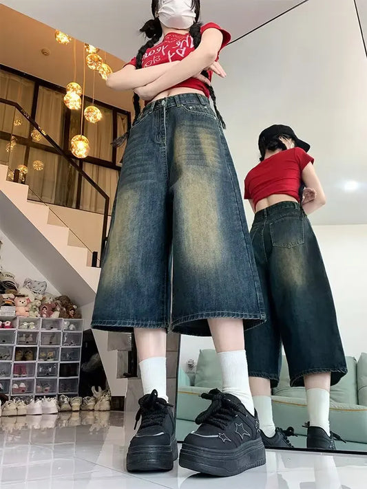 American Retro Old Seven-point Denim Shorts for Women Summer New High Waist Straight Wide-leg Casual Mid-leg Hot Pants Alo Skirt