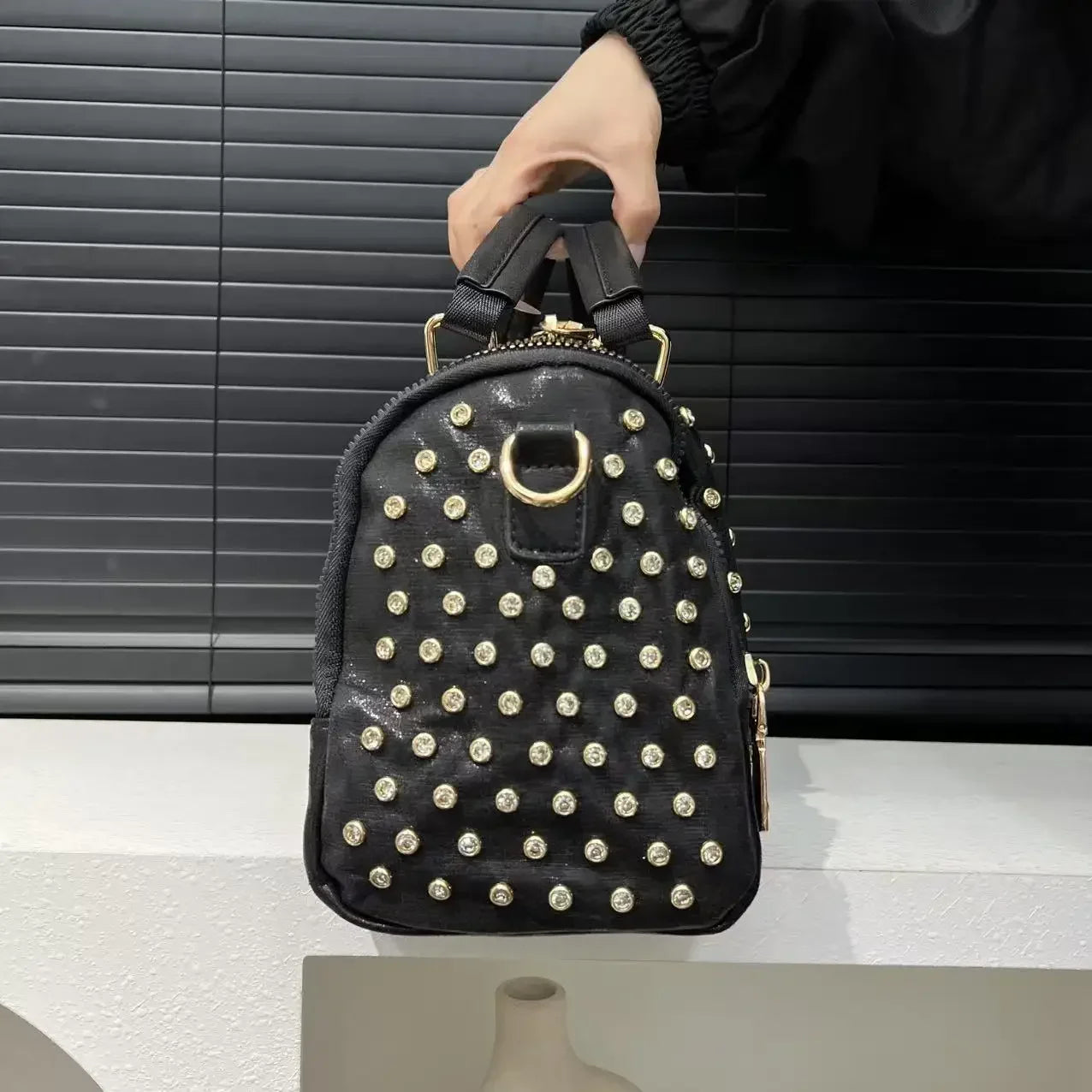 Ladies' diamond studded nylon tote bag with leopard pattern