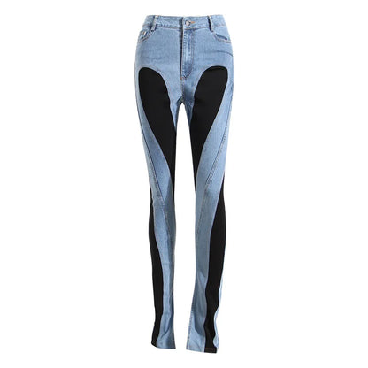 Color Block Women's Jeans Slim Panelled Patchwork High Waist Split Blue Long Denim Pants