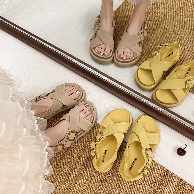 Genuine Leather Cross Strap Roman Sandals Casual Comfortable Women's Platform