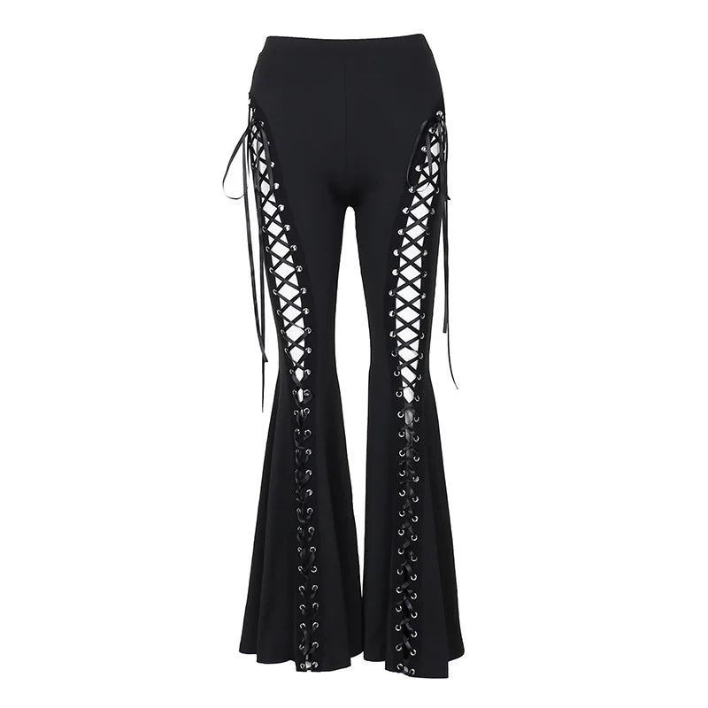 Dark Black Punk Flared Pants Long Trouser Women Lace Up Front Hollow Cut Out Bell Bottom Tied Up High Waist