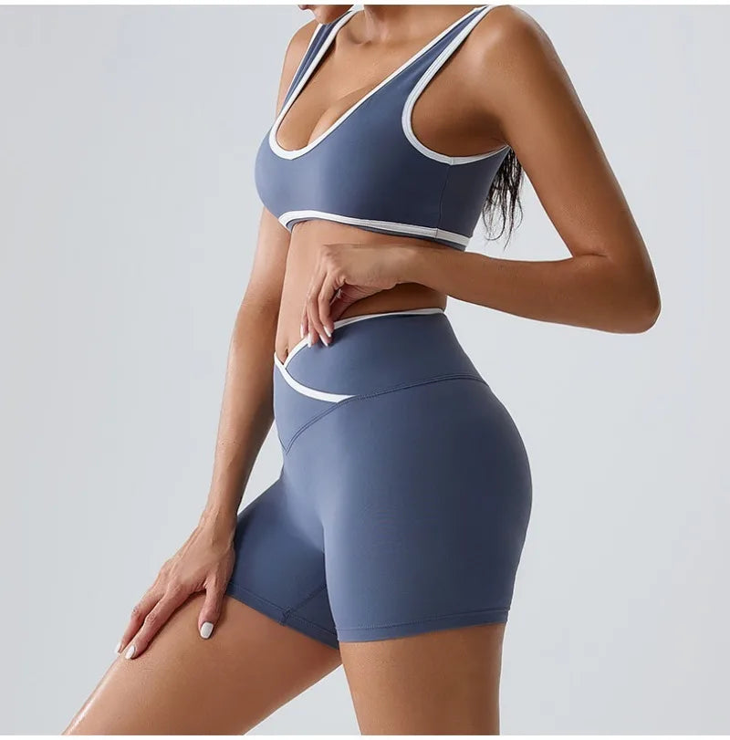 Seamless Yoga Sets Sports Fitness cross waist  Waist Hip-lifting Shorts Bra Suit