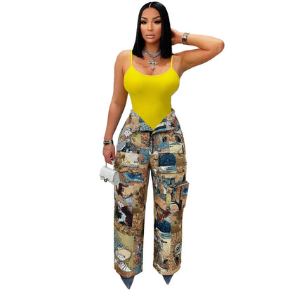 3D Print Wide Leg Cargo Active Hip Hop Straight Sweatpants Trousers