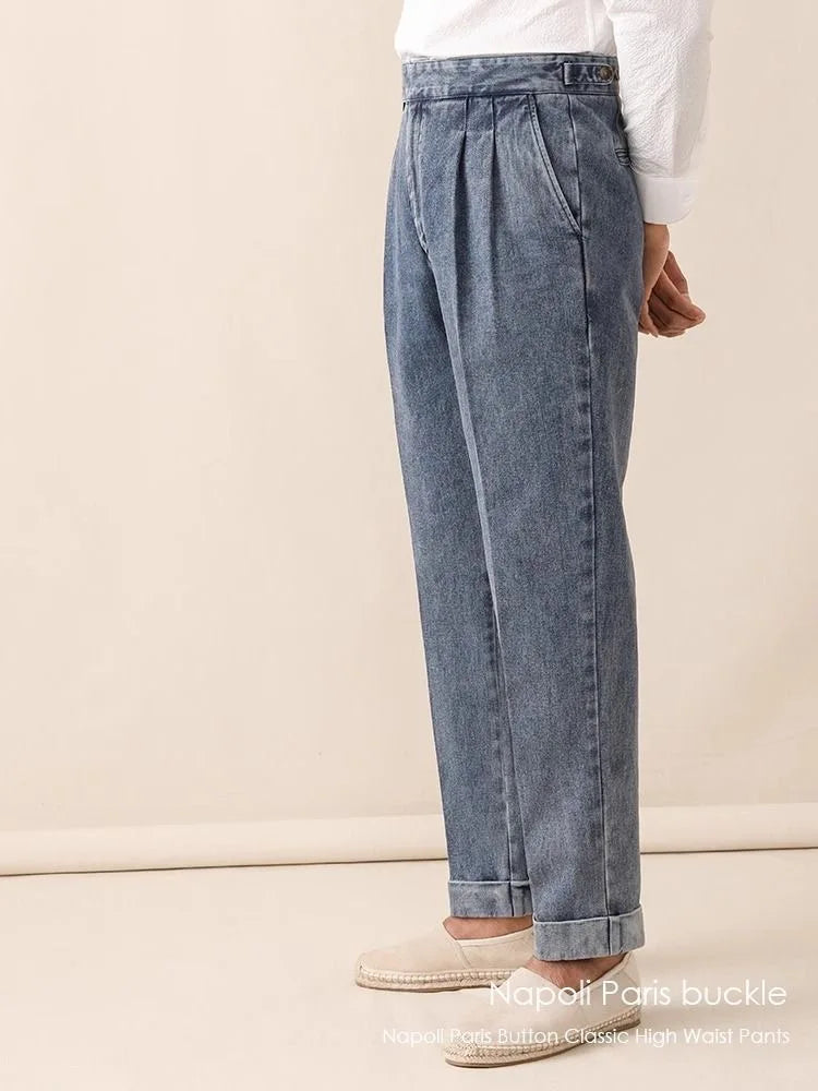 Men Naples Jeans British Styles Waist Buckle Casual Denim Pants