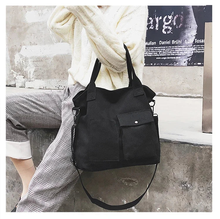 Fashion Canvas Bags Students Handbag Shoulder Bag Large Capacity Solid Color Totes Shopper Bag Casual Female CrossBody 2024