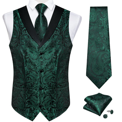 Men's Paisley Silk Suit Vest with Macthing Golden Paisley Neck Tie Handkerchief Cufflinks Wedding Prom Tuxedo Waistcoat